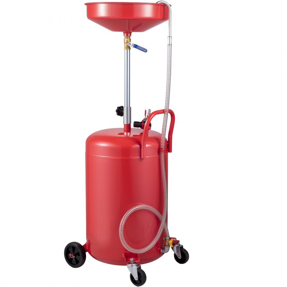 Portable 20 Gallon Waste Oil Drain Tank with Adjustable Funnel and Air Operated System for Efficient Oil Changes and Fluid Transfer