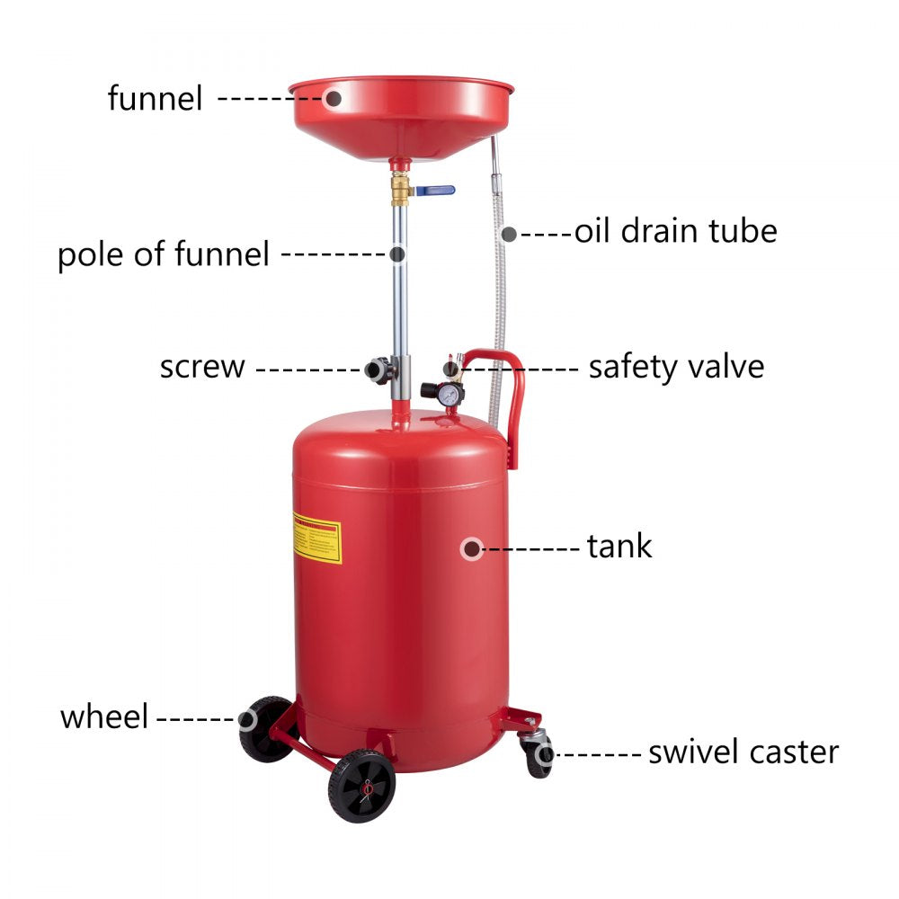 Portable 20 Gallon Waste Oil Drain Tank with Adjustable Funnel and Air Operated System for Efficient Oil Changes and Fluid Transfer