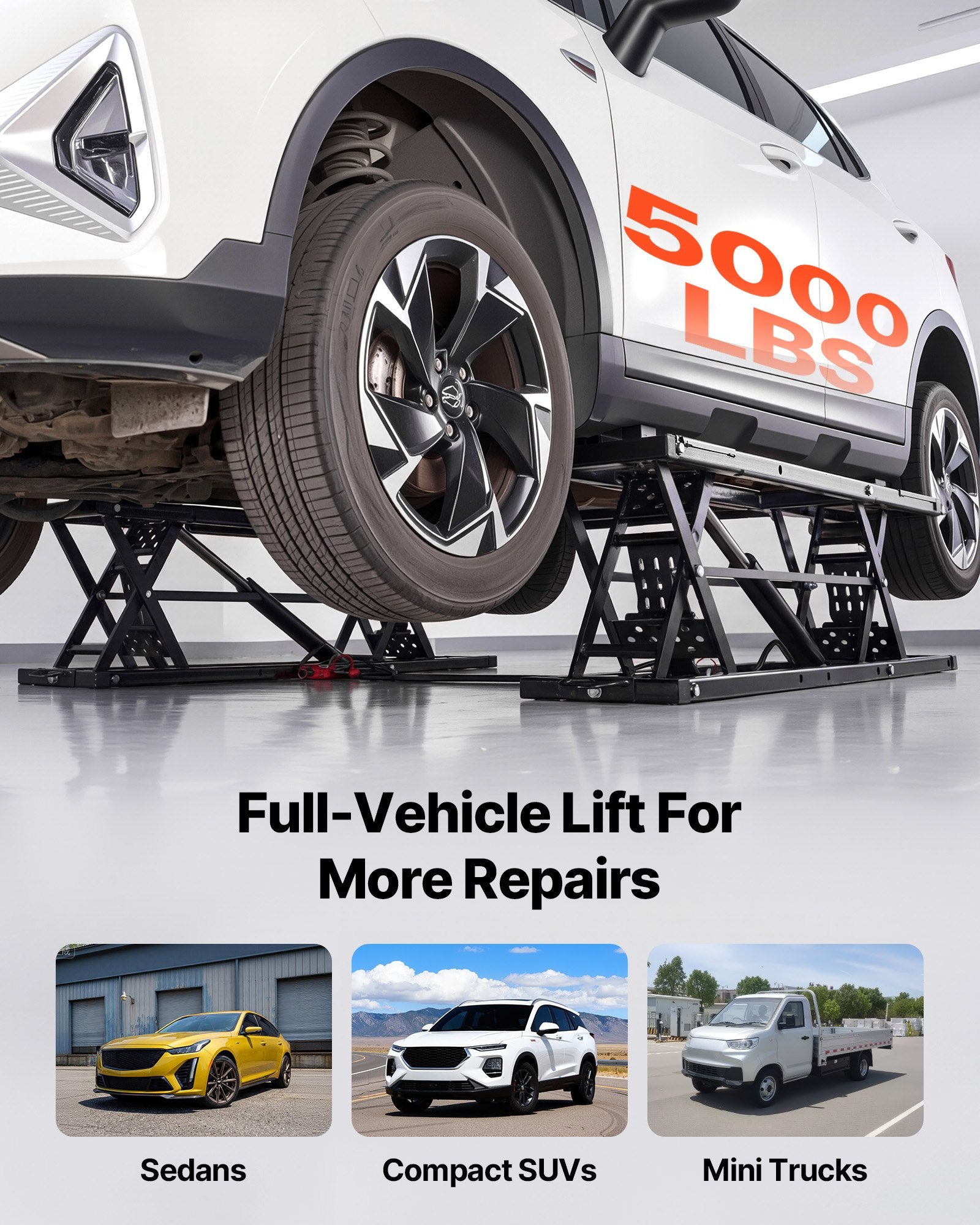 Heavy Duty Portable Car Lift with Pneumatic Pump, 5000 lbs Capacity, 25.6" Max Height for SUVs, Trucks, Garage, Shop - Includes Wheels, Rubber Pads, Lifting Columns