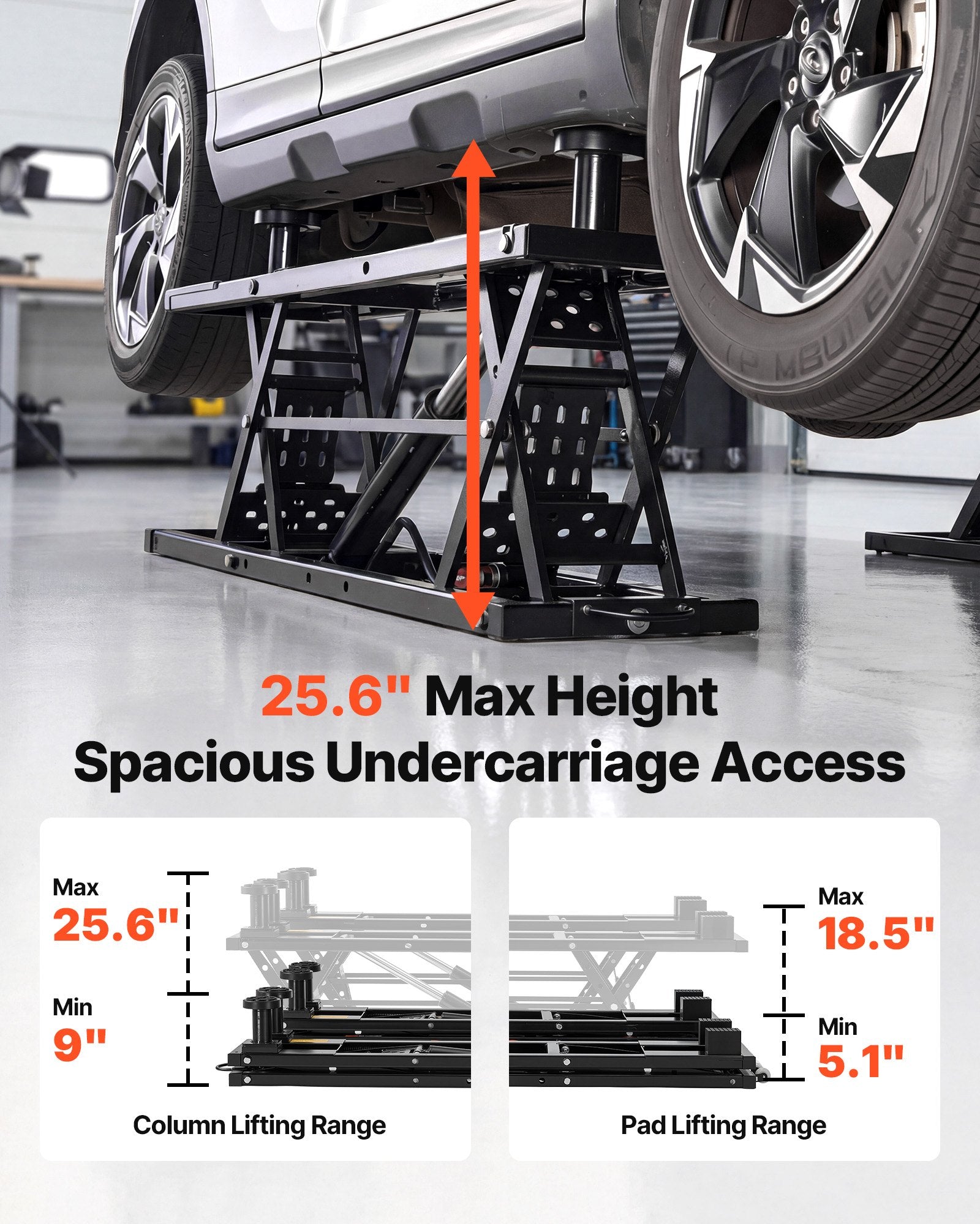 Heavy Duty Portable Car Lift with Pneumatic Pump, 5000 lbs Capacity, 25.6" Max Height for SUVs, Trucks, Garage, Shop - Includes Wheels, Rubber Pads, Lifting Columns