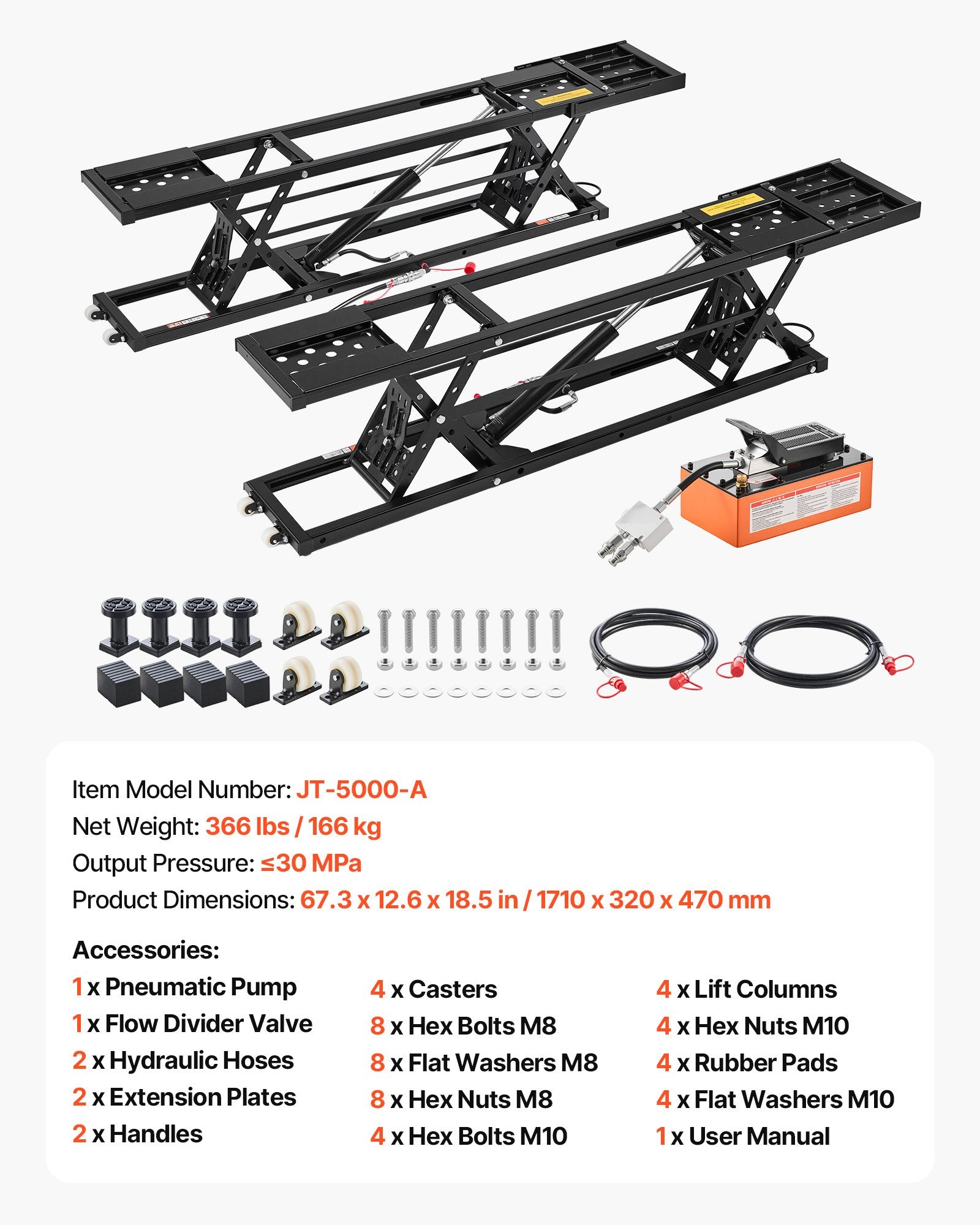 Heavy Duty Portable Car Lift with Pneumatic Pump, 5000 lbs Capacity, 25.6" Max Height for SUVs, Trucks, Garage, Shop - Includes Wheels, Rubber Pads, Lifting Columns