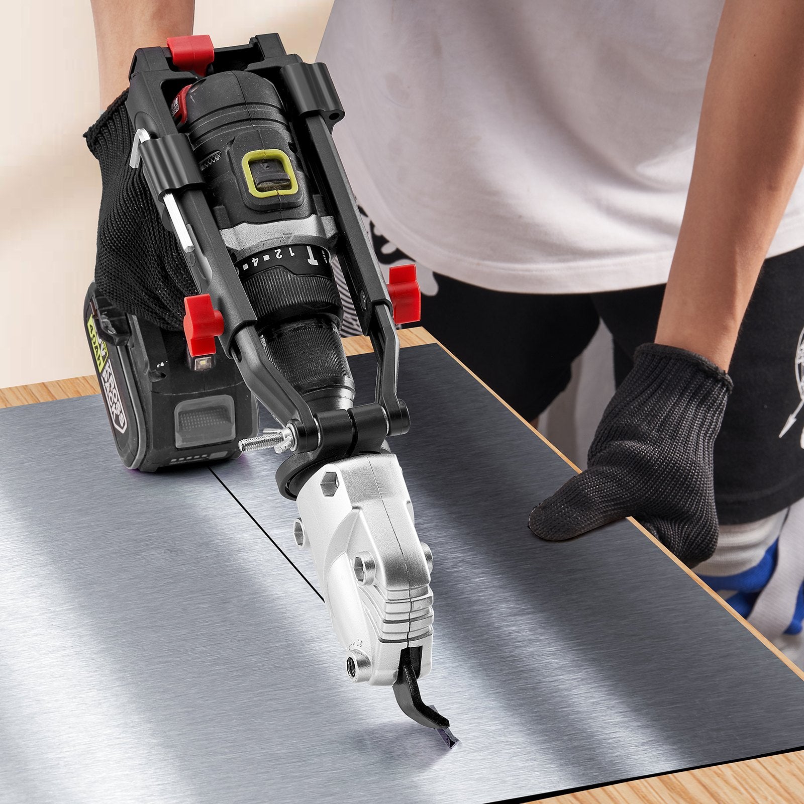 Heavy-Duty Metal Cutter Drill Attachment with 360° Pivoting Head for Precision Cutting of Steel, Aluminum, and Galvanized Sheets