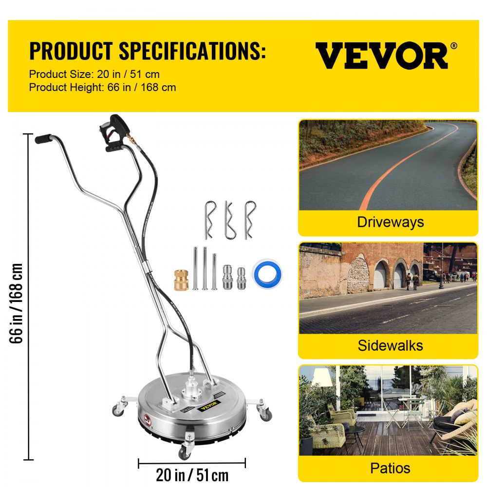 VEVOR Pressure Washer Surface Cleaner, 20'', Max. 4000 PSI Pressure by 2 Nozzles for Cleaning Driveways, Sidewalks, Stainless Steel Frame w/ Rotating Dual Handle, Wheels, Fit for 3/8'' Quick Connector