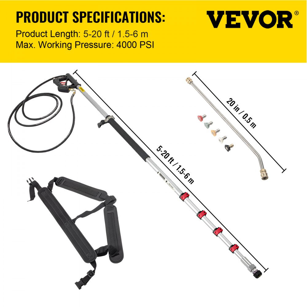 VEVOR Telescoping Pressure Washer Wand, 20 ft 5-Section Length Adjustable, Max. 4000 PSI Pressure, Fit for 3/8'' Quick Connection w/ Extension Wand, 5 Spray Nozzles, Belt, for Roof, Fence, Gutter