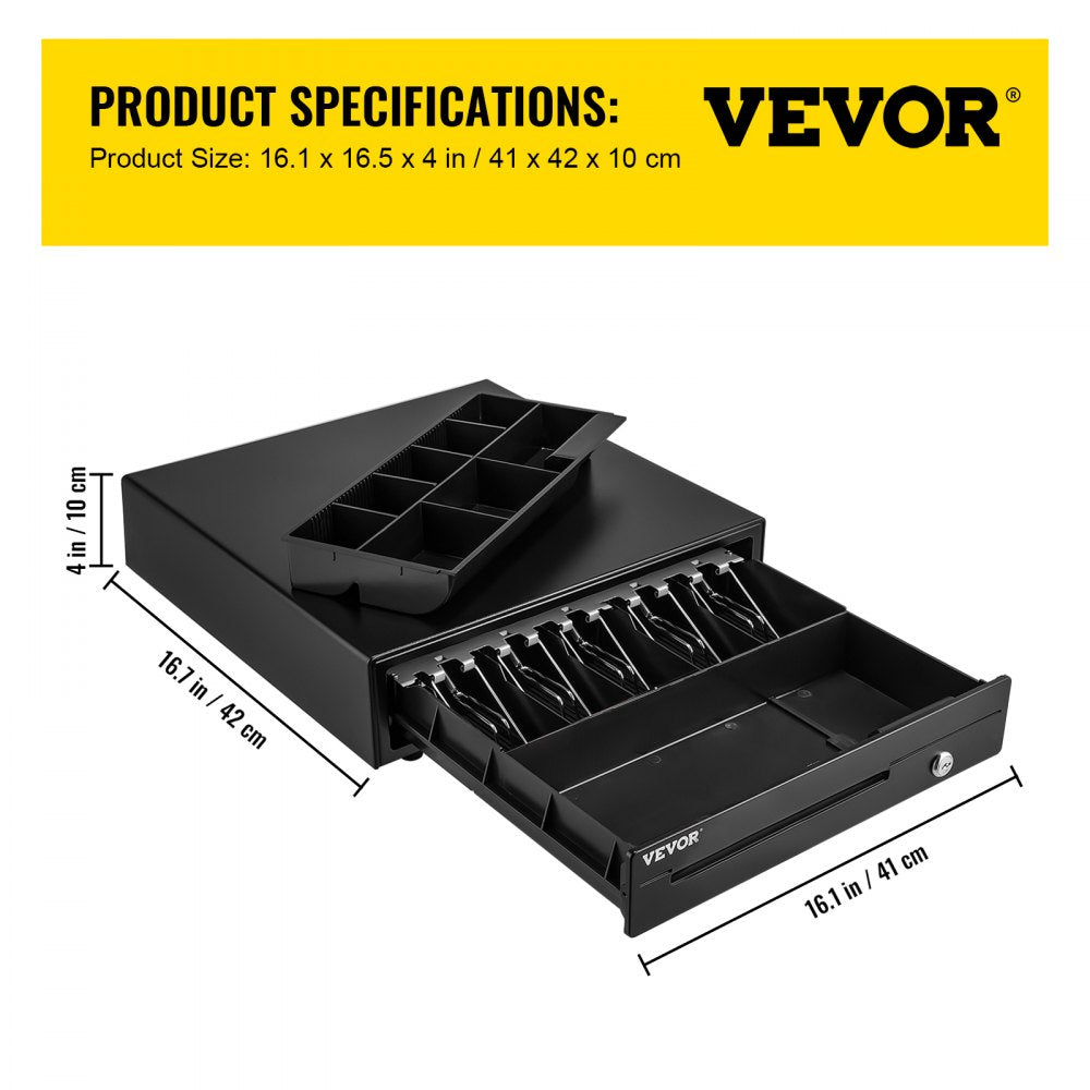 VEVOR Cash Register Drawer, 16" 12 V, for POS System with 5 Bill 8 Coin Cash Tray, Removable Coin Compartment & 2 Keys Included, RJ11/RJ12 Cable for Supermarket, Bar, Coffee Shop, Restaurant