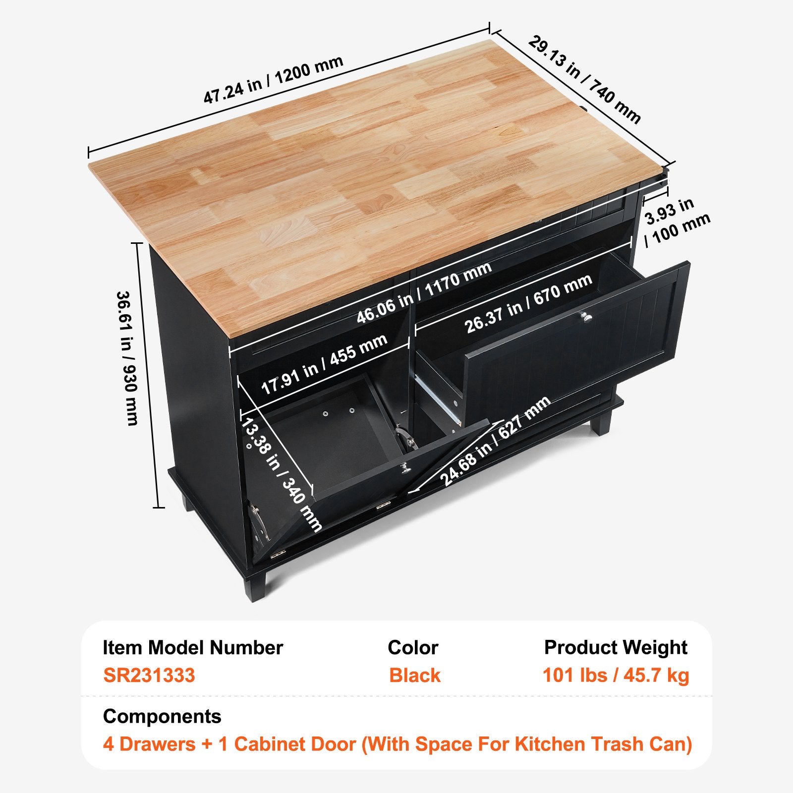 Spacious 50" Kitchen Island Cart with Wood Top & Trash Cabinet, Farmhouse Breakfast Bar, Drop Leaf, Towel Bar, Black Finish