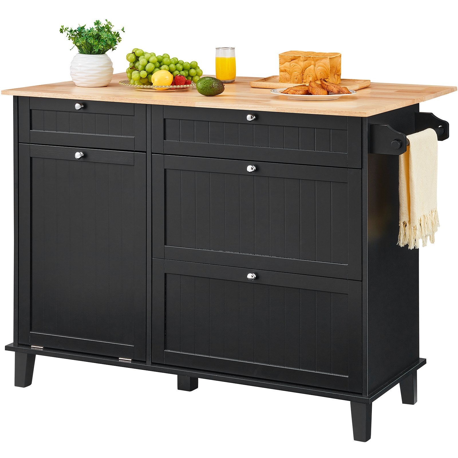 Spacious 50" Kitchen Island Cart with Wood Top & Trash Cabinet, Farmhouse Breakfast Bar, Drop Leaf, Towel Bar, Black Finish