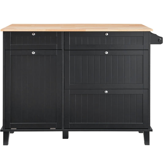 Spacious 50" Kitchen Island Cart with Wood Top & Trash Cabinet, Farmhouse Breakfast Bar, Drop Leaf, Towel Bar, Black Finish