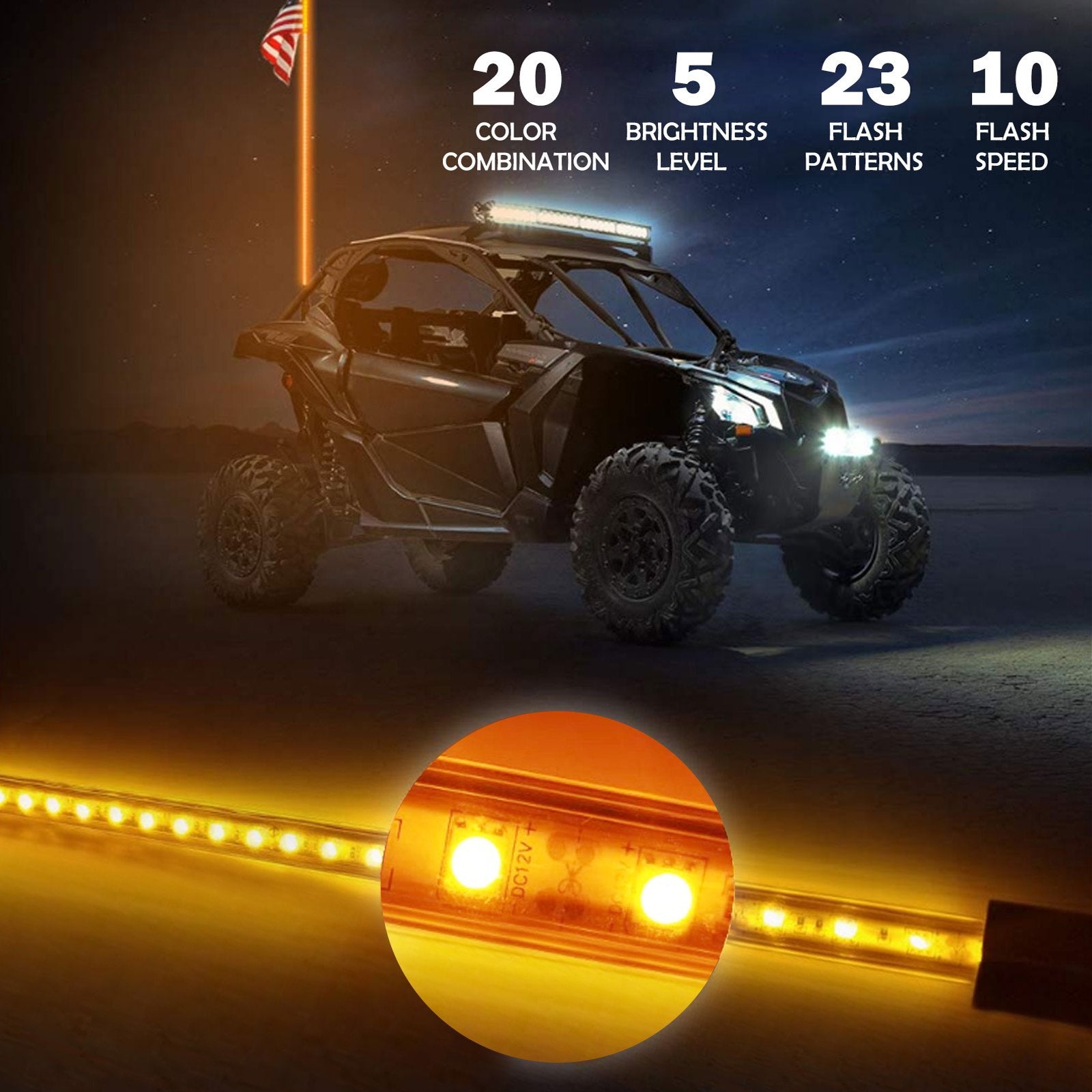 2PC 3FT LED Whip Lights for UTV ATV - 20 RGB Colors, 23 Modes, Weatherproof, Remote Controlled, Off-Road Polaris RZR Accessories