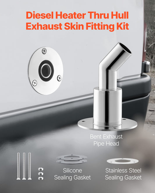 Universal 0.94 Inch Thru Hull Exhaust Fitting for Diesel Heaters, Durable 316 Stainless Steel Elbow with Screws, Nuts, Gasket, Easy Installation