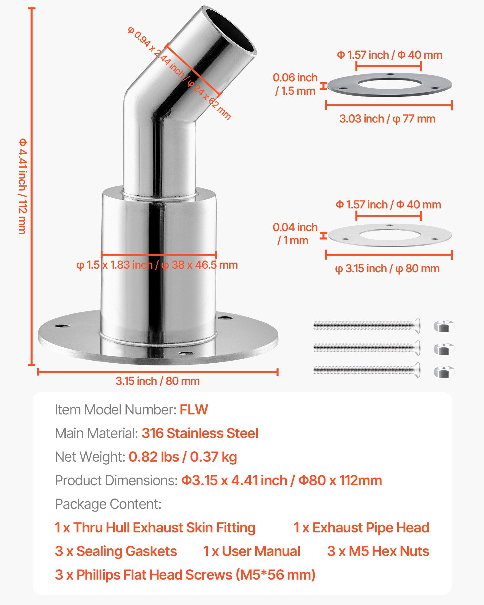 Universal 0.94 Inch Thru Hull Exhaust Fitting for Diesel Heaters, Durable 316 Stainless Steel Elbow with Screws, Nuts, Gasket, Easy Installation