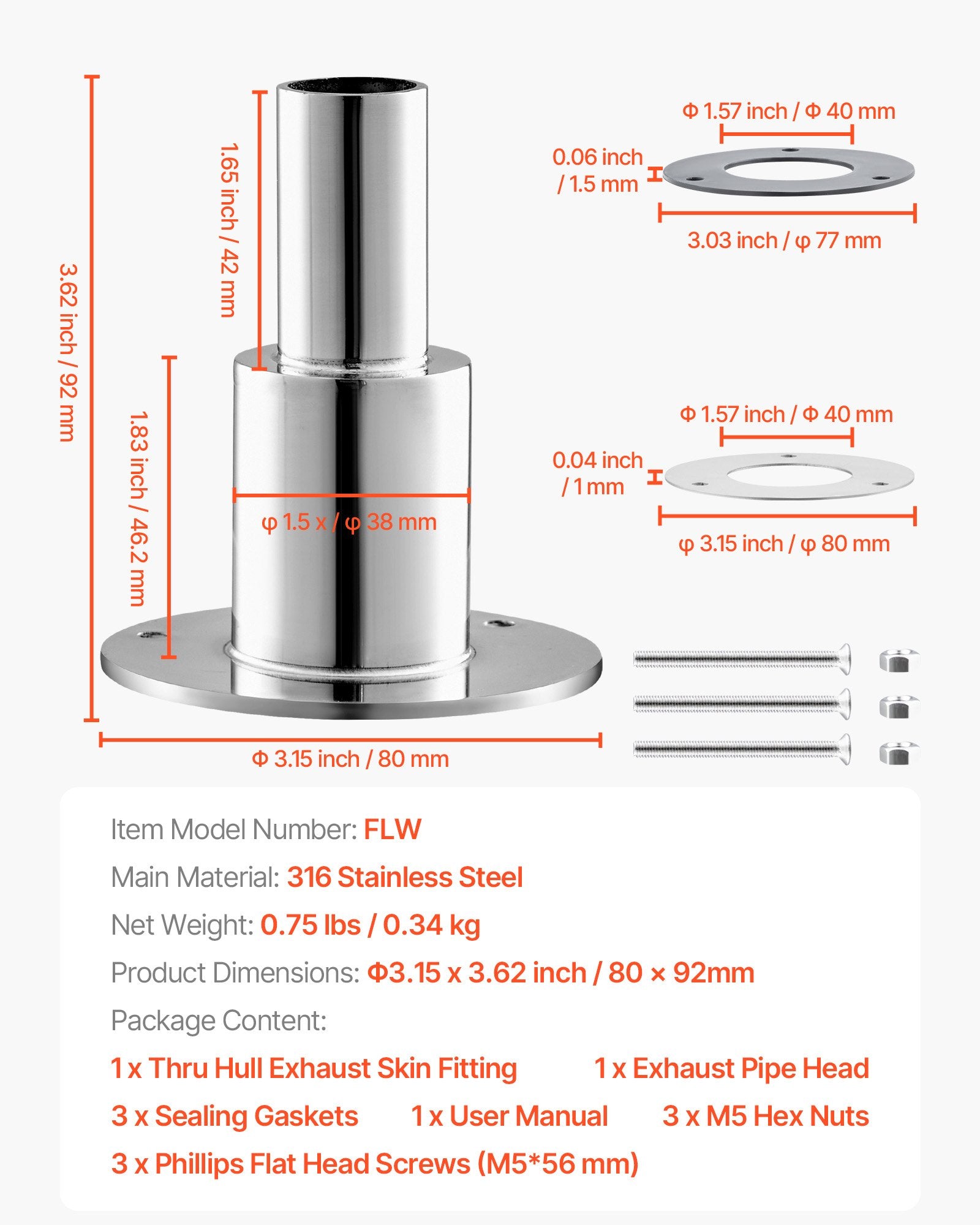 Thru Hull Exhaust Fitting Kit, 0.94 Inch Stainless Steel Exhaust Outlet for Diesel Heaters with Screws, Nuts, Gasket, Easy Installation, Durable Marine-Grade Accessory