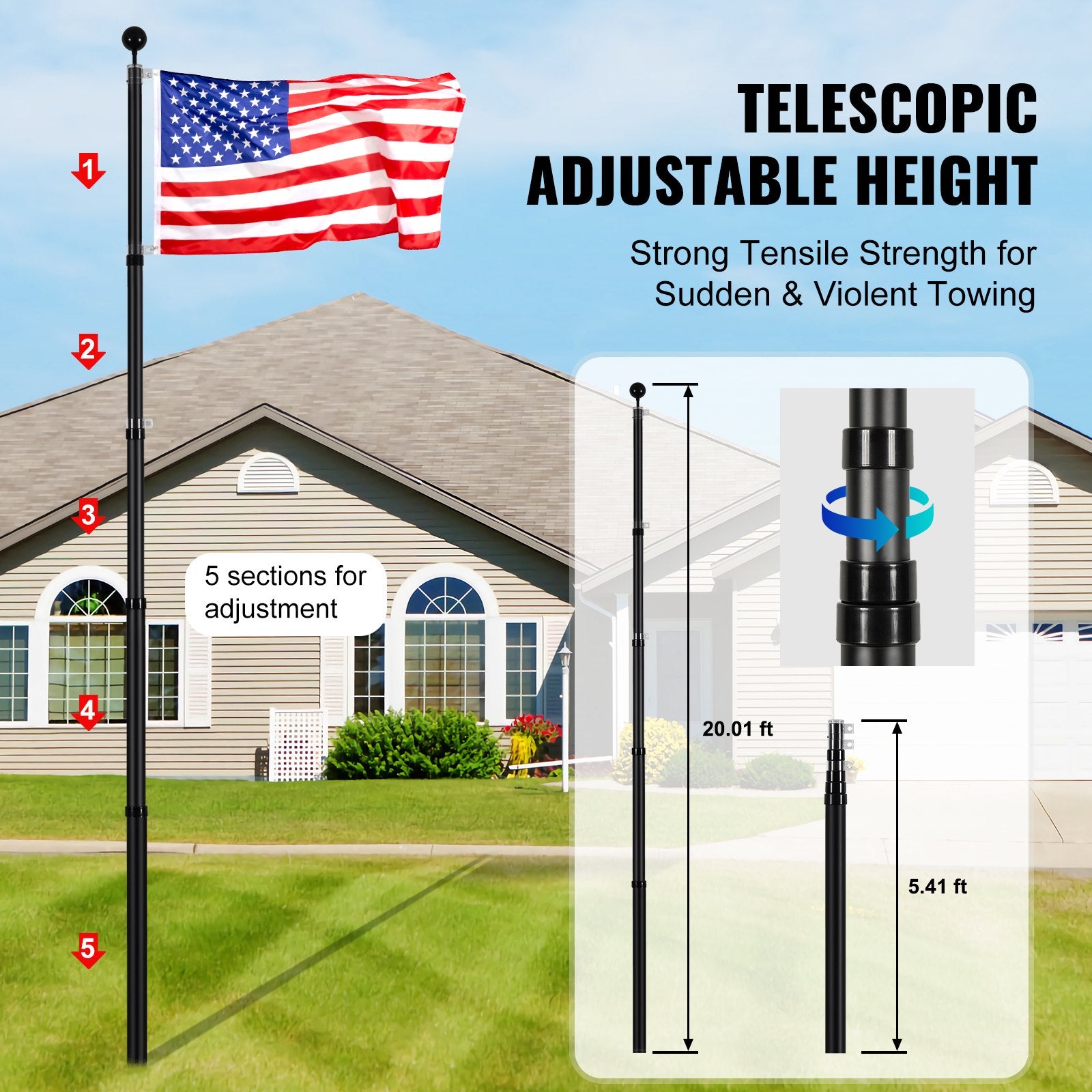 20FT Heavy Duty Telescopic Flagpole Kit for Outdoor Use, Adjustable Aluminum Alloy Flag Pole with 3 Display Modes and Professional Accessories, Black