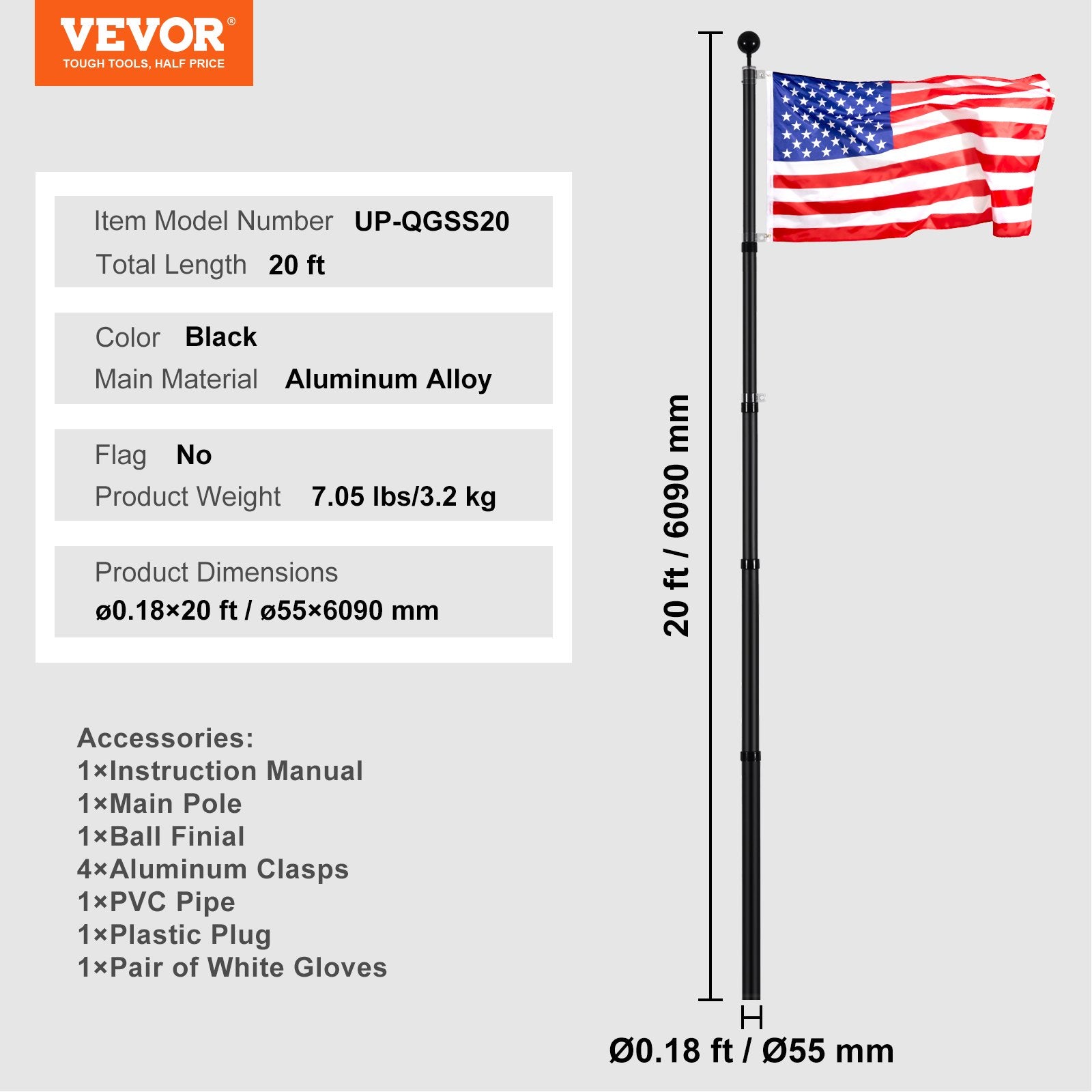 20FT Heavy Duty Telescopic Flagpole Kit for Outdoor Use, Adjustable Aluminum Alloy Flag Pole with 3 Display Modes and Professional Accessories, Black