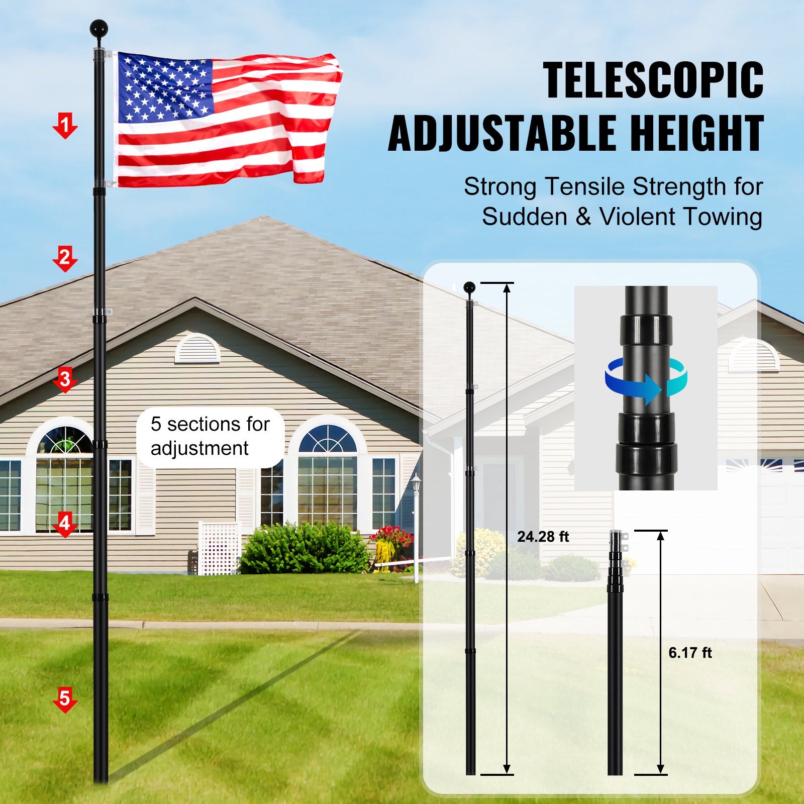 25FT Black Telescopic Flagpole Kit, Heavy Duty Aluminum Alloy with 3 Display Modes, Professional Outdoor Accessories for Versatile Use