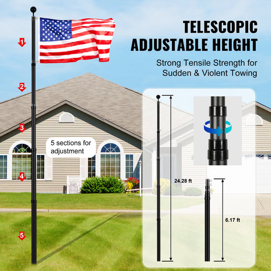 25FT Black Telescopic Flagpole Kit, Heavy Duty Aluminum Alloy with 3 Display Modes, Professional Outdoor Accessories for Versatile Use