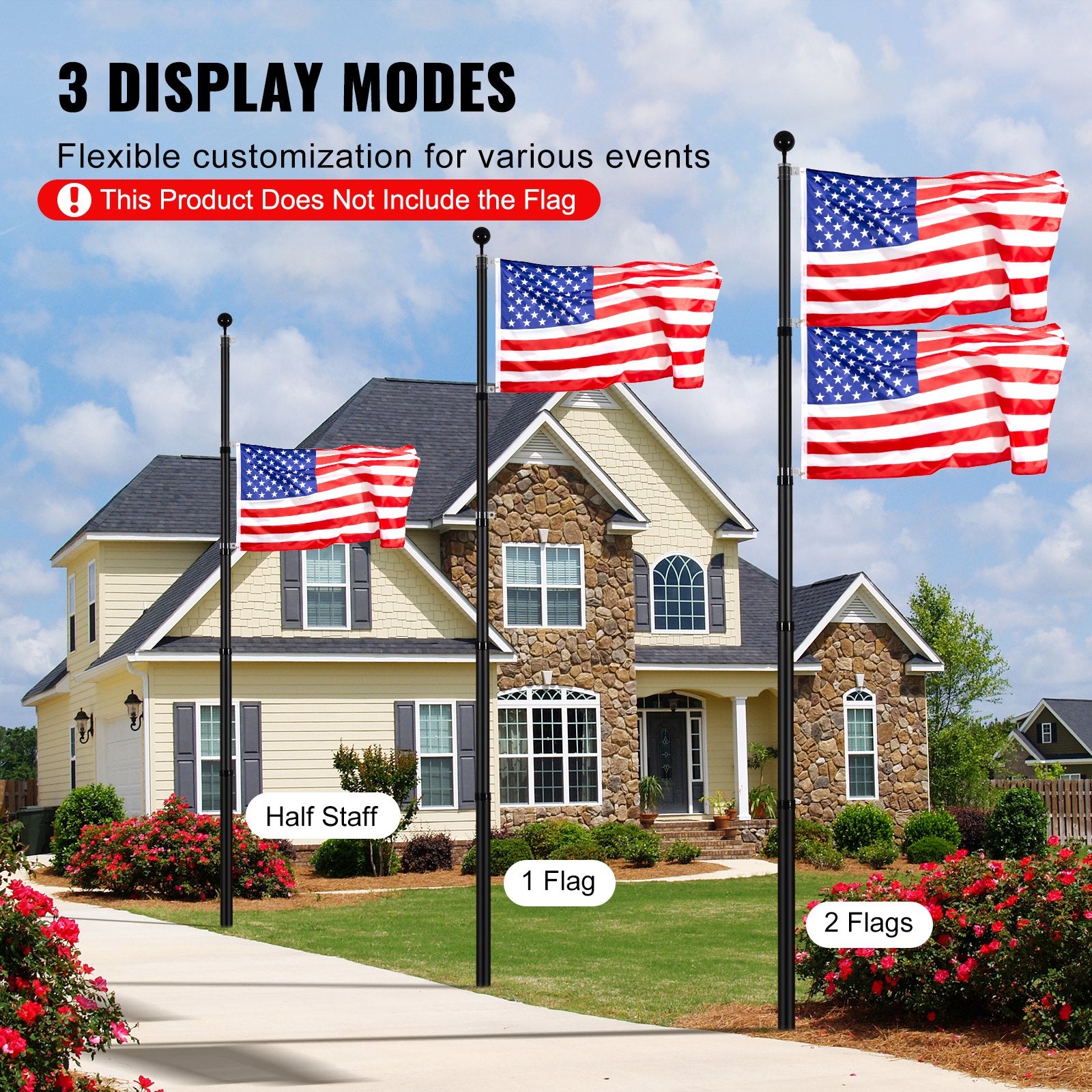 25FT Black Telescopic Flagpole Kit, Heavy Duty Aluminum Alloy with 3 Display Modes, Professional Outdoor Accessories for Versatile Use