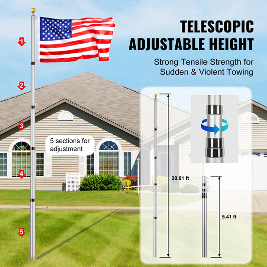 20FT Heavy Duty Aluminum Telescopic Flagpole Kit for Outdoor Use, Silver - Adjustable 3 Modes, Easy Install, Durable & Versatile Display