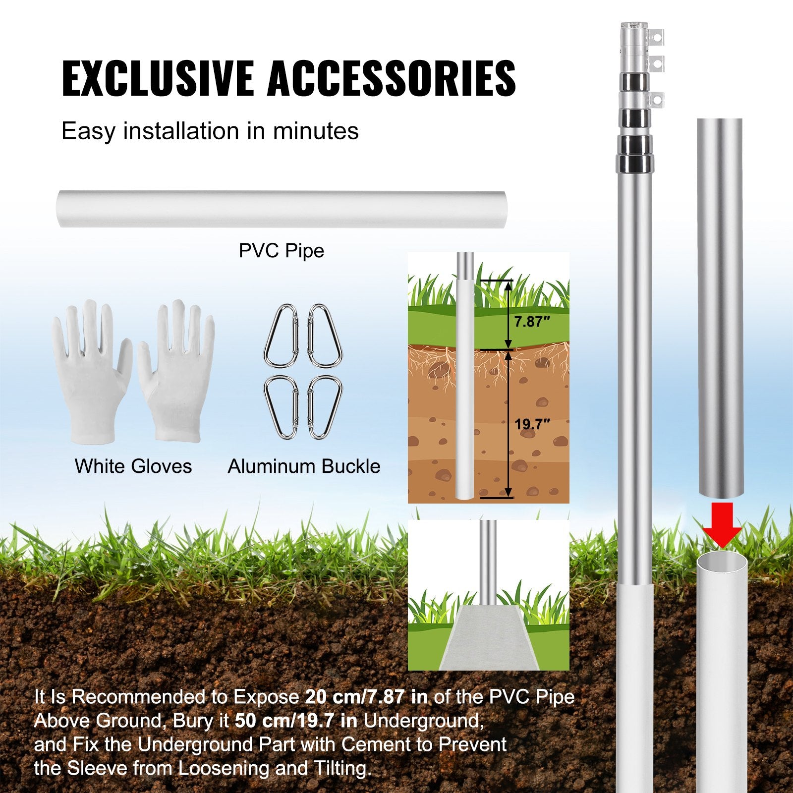 20FT Heavy Duty Aluminum Telescopic Flagpole Kit for Outdoor Use, Silver - Adjustable 3 Modes, Easy Install, Durable & Versatile Display