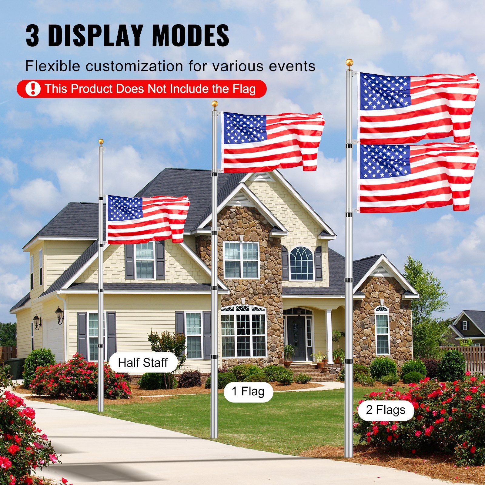 25FT Heavy Duty Telescopic Flagpole Kit - Aluminum Alloy, In-Ground Outdoor Flag Pole with 3 Display Modes and Professional Accessories, Silver