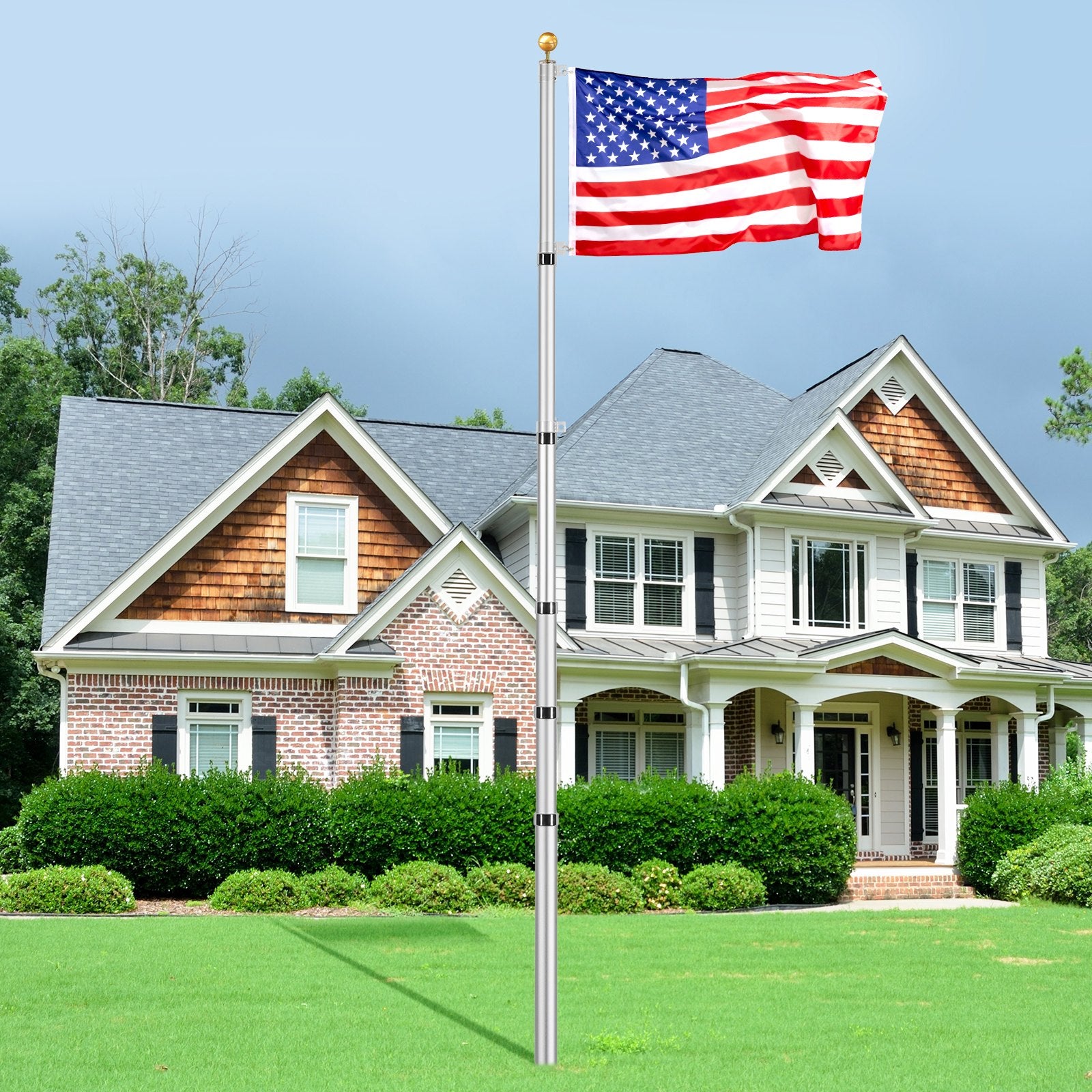 30FT Heavy Duty Telescopic Flagpole Kit, Aluminum Alloy for Outdoor Use, 3 Display Modes, Easy Installation, Silver Finish