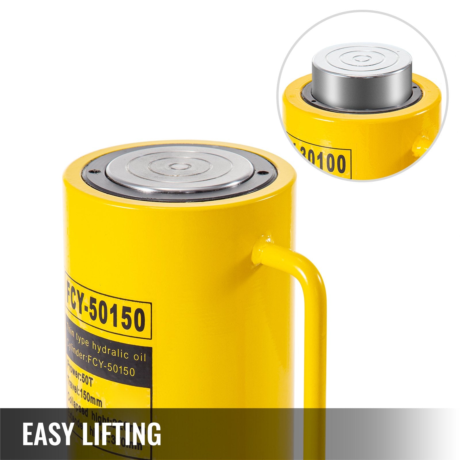50 Ton Capacity 6" Stroke Single Acting Hydraulic Cylinder Jack Ram with Quick Connect, Portable Handle, and Smooth Finish