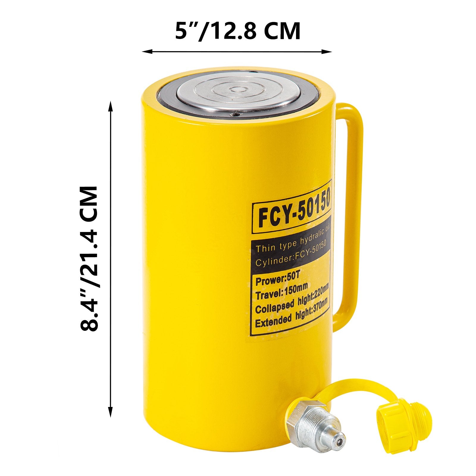 50 Ton Capacity 6" Stroke Single Acting Hydraulic Cylinder Jack Ram with Quick Connect, Portable Handle, and Smooth Finish