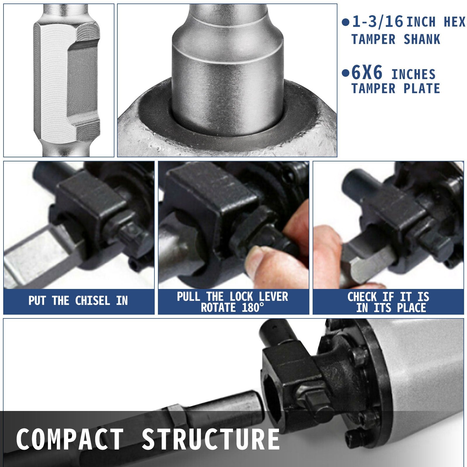 Heavy-Duty 1-1/8" Hex Tamper Shank with 6x6" Compactor Plate, Electric Chisel, and Demolition Jackhammer Bits for Concrete and Asphalt Compacting