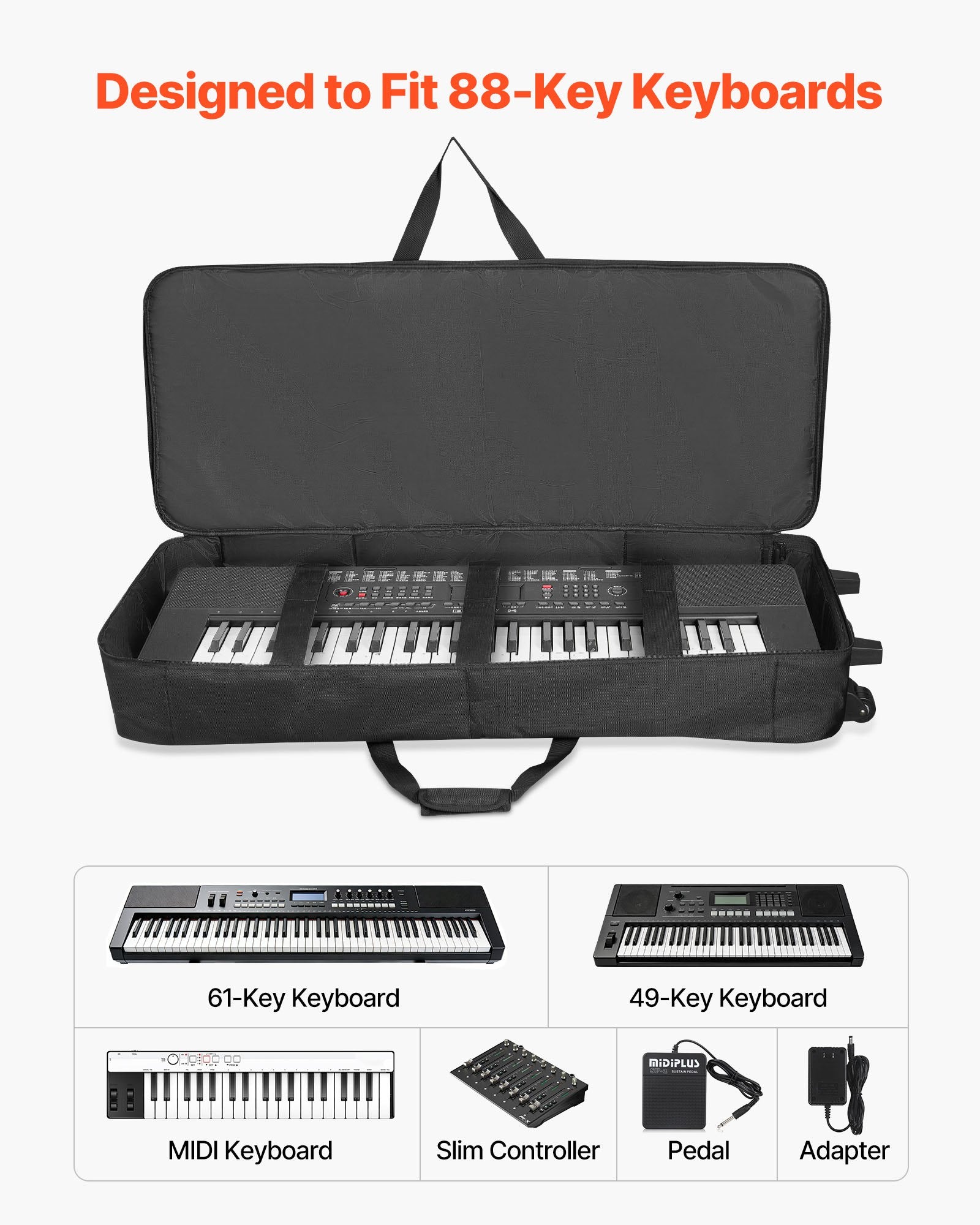 Robust 88-Key Rolling Keyboard Case with Wheels, 40.9 x 16.9 x 5.1 in, Padded Gig Bag, 3-Pocket Storage, Waterproof for Electric Pianos & Synths