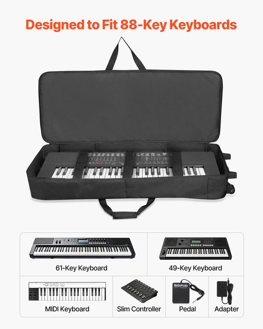 Robust 88-Key Rolling Keyboard Case with Wheels, 40.9 x 16.9 x 5.1 in, Padded Gig Bag, 3-Pocket Storage, Waterproof for Electric Pianos & Synths