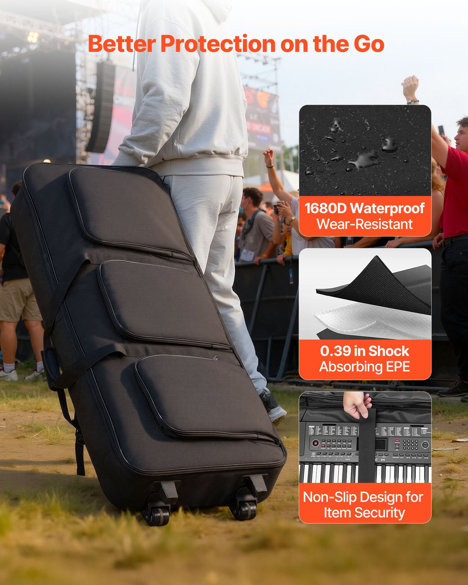 Robust 88-Key Rolling Keyboard Case with Wheels, 40.9 x 16.9 x 5.1 in, Padded Gig Bag, 3-Pocket Storage, Waterproof for Electric Pianos & Synths