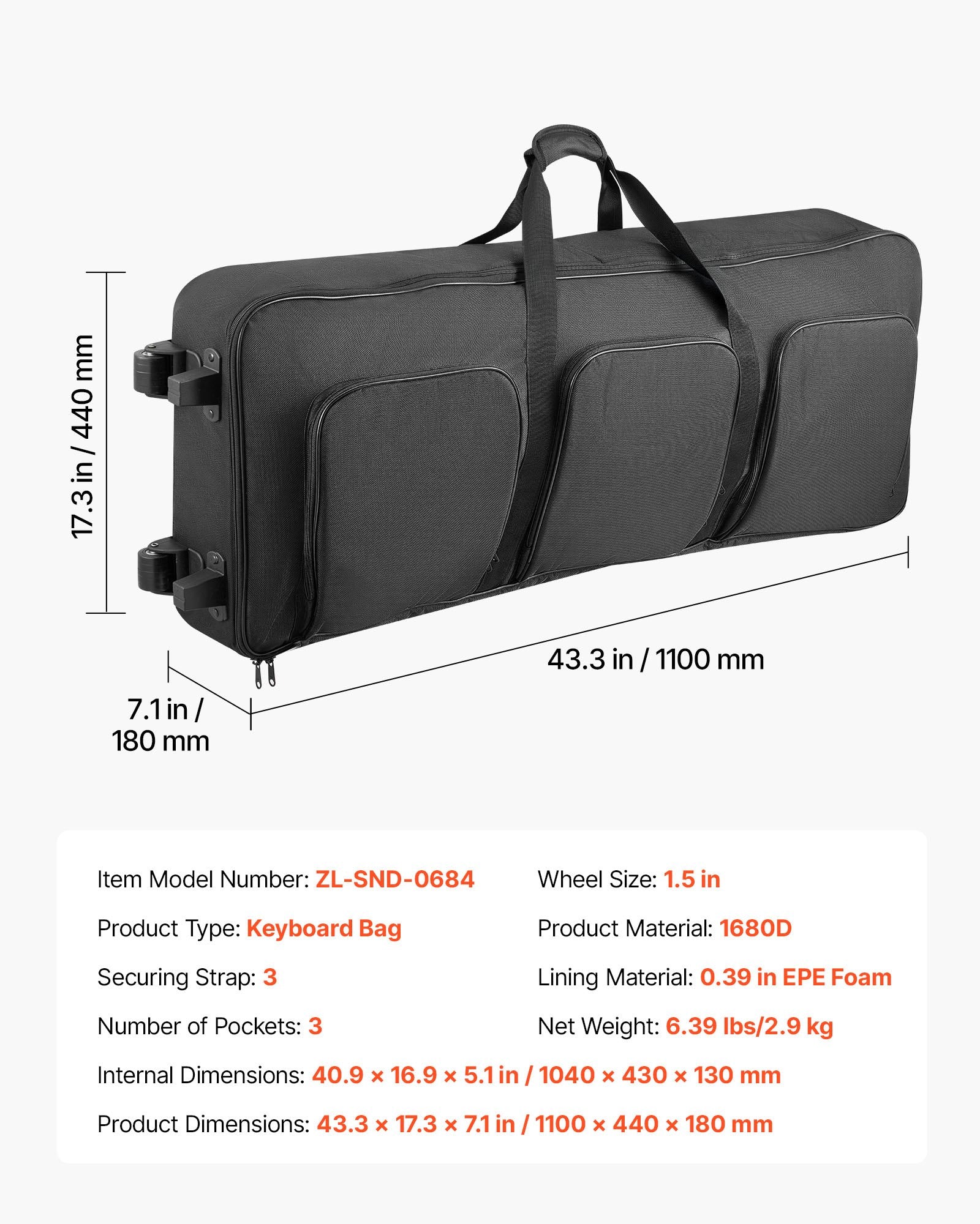Robust 88-Key Rolling Keyboard Case with Wheels, 40.9 x 16.9 x 5.1 in, Padded Gig Bag, 3-Pocket Storage, Waterproof for Electric Pianos & Synths