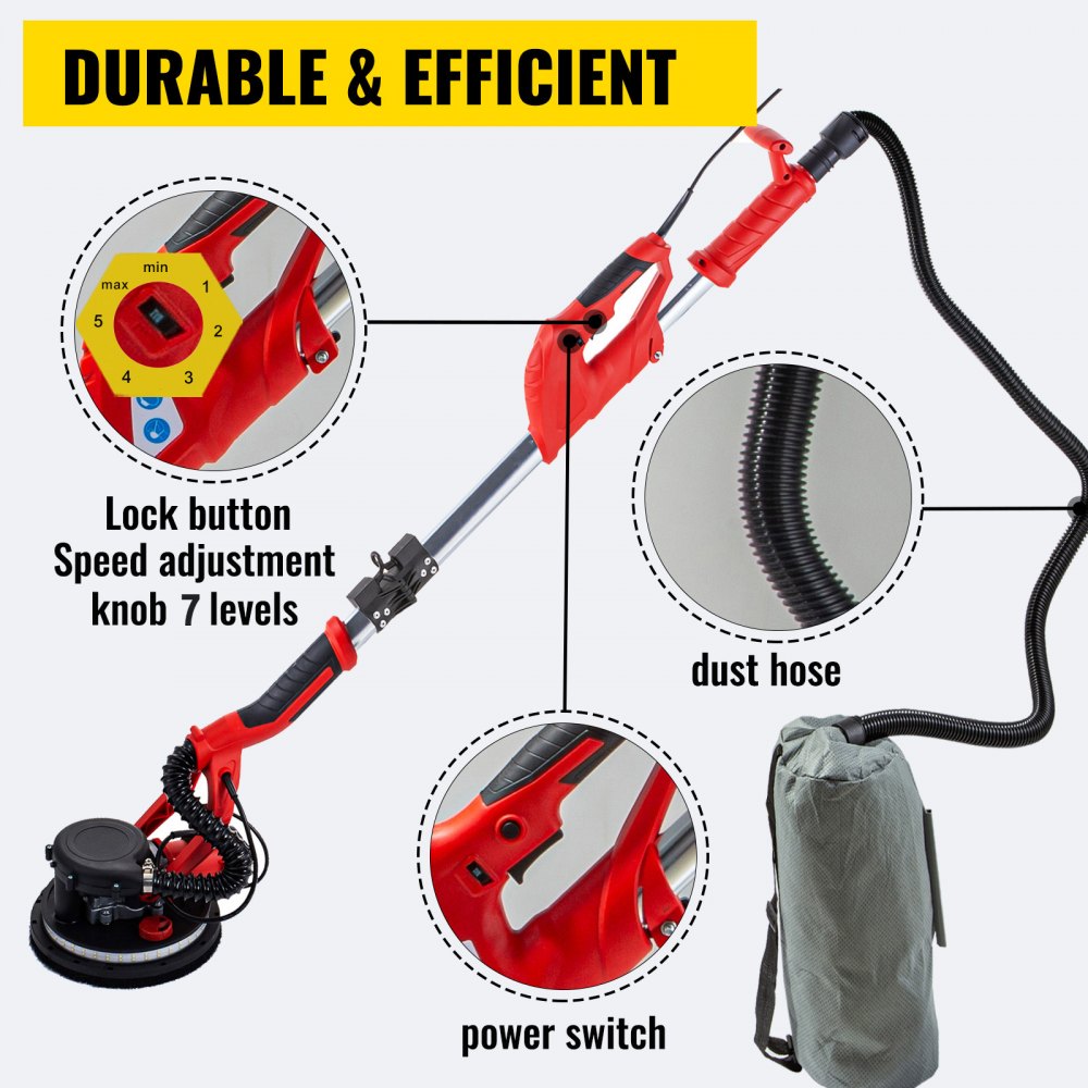 Powerful 850W Electric Drywall Sander with Adjustable Speed and LED Light, Featuring Foldable Design and Vacuum Bag for Efficient Wall Sanding