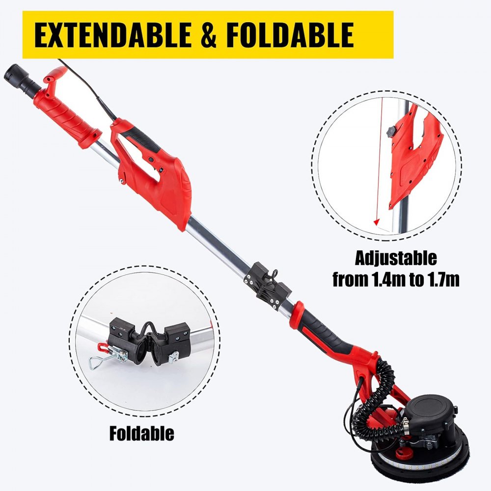 Powerful 850W Electric Drywall Sander with Adjustable Speed and LED Light, Featuring Foldable Design and Vacuum Bag for Efficient Wall Sanding