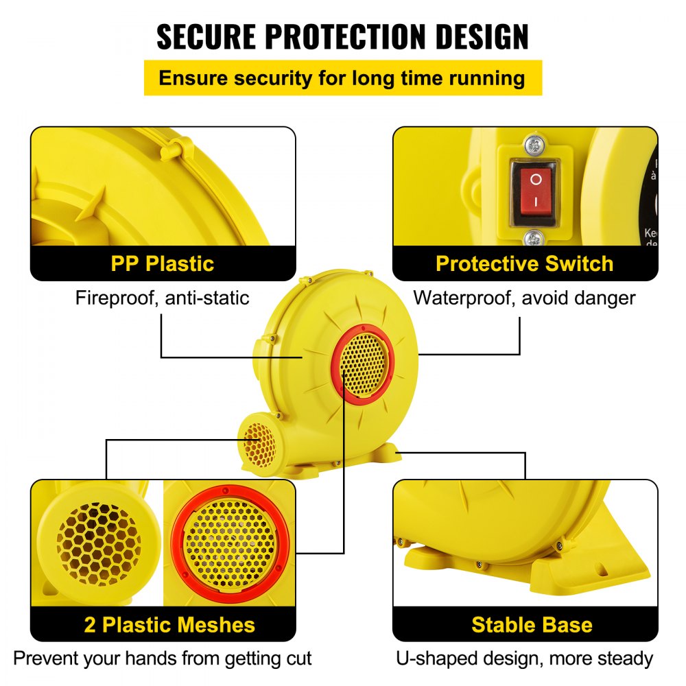 VEVOR Air Blower, 450W 0.6HP Inflatable Blower, Portable and Powerful Bounce House Blower, 1750Pa Commercial Air Blower Pump Fan, Used for Inflatable Bouncy Castle and Jump Slides, Yellow