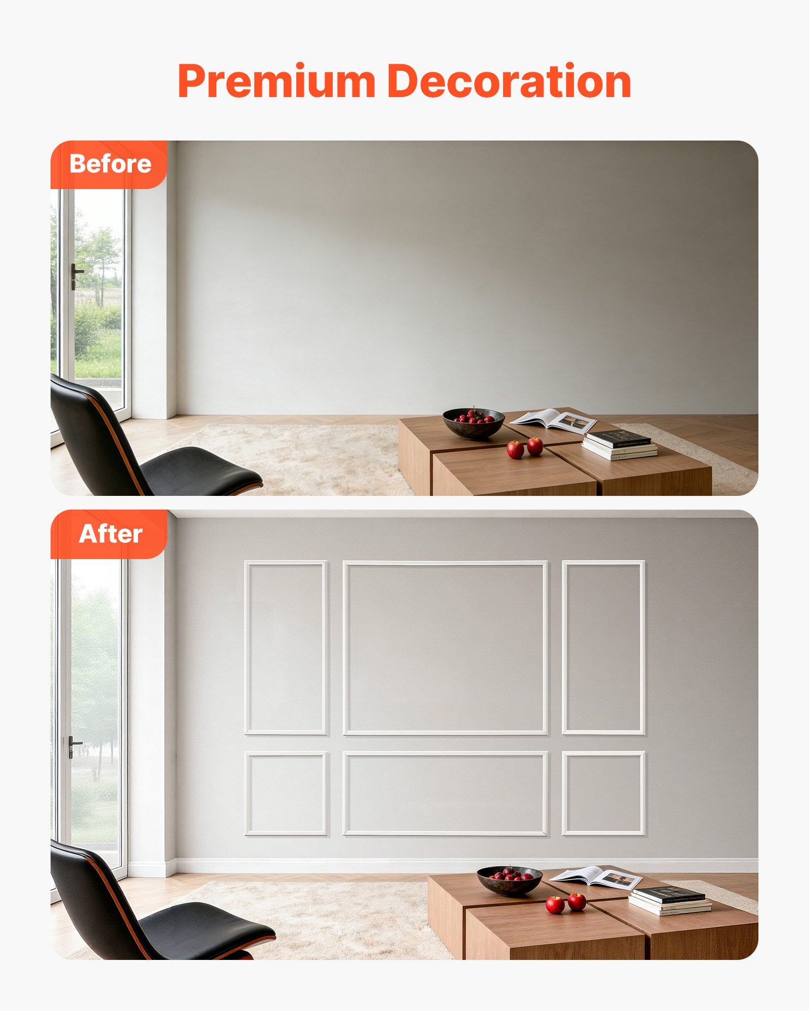 Elegant Wall Molding & Wainscoting Kit – Lightweight, Paintable Polystyrene Panels for Easy Home Accent Decor in Living Room & Bedroom (White, 3 Pack)