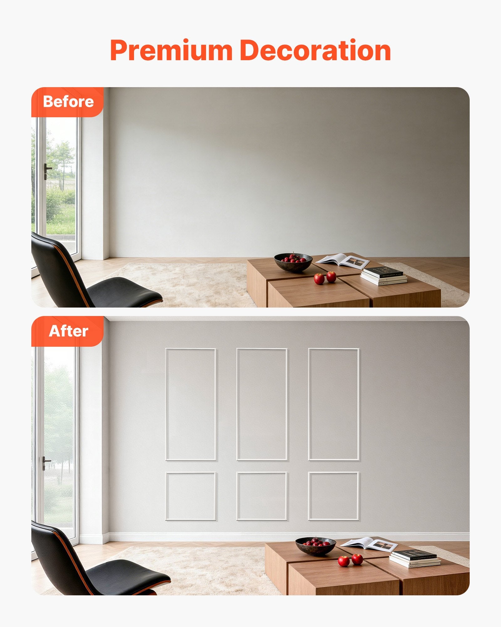 3-Piece Wall Molding & Wainscoting Panels Kit: Lightweight, Paintable, Waterproof Polystyrene Trim for Interior Décor, Easy Installation, White