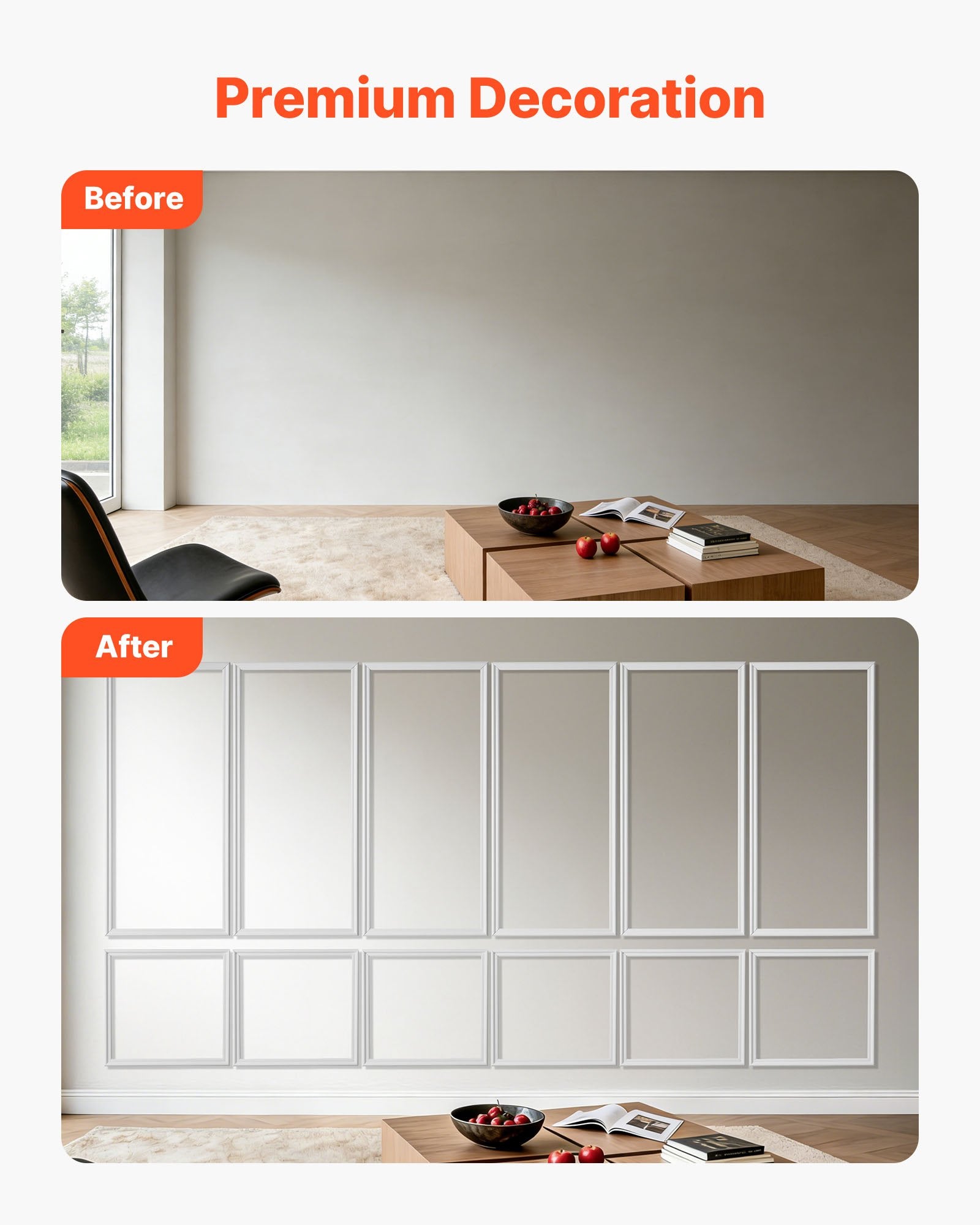 Elegant Wall Molding Panels Kit - 6 Pack, Polystyrene Wainscoting, Easy Install, Waterproof, Paintable Trim for Living Room, Bedroom Décor (24x54 + 24x24 in), White