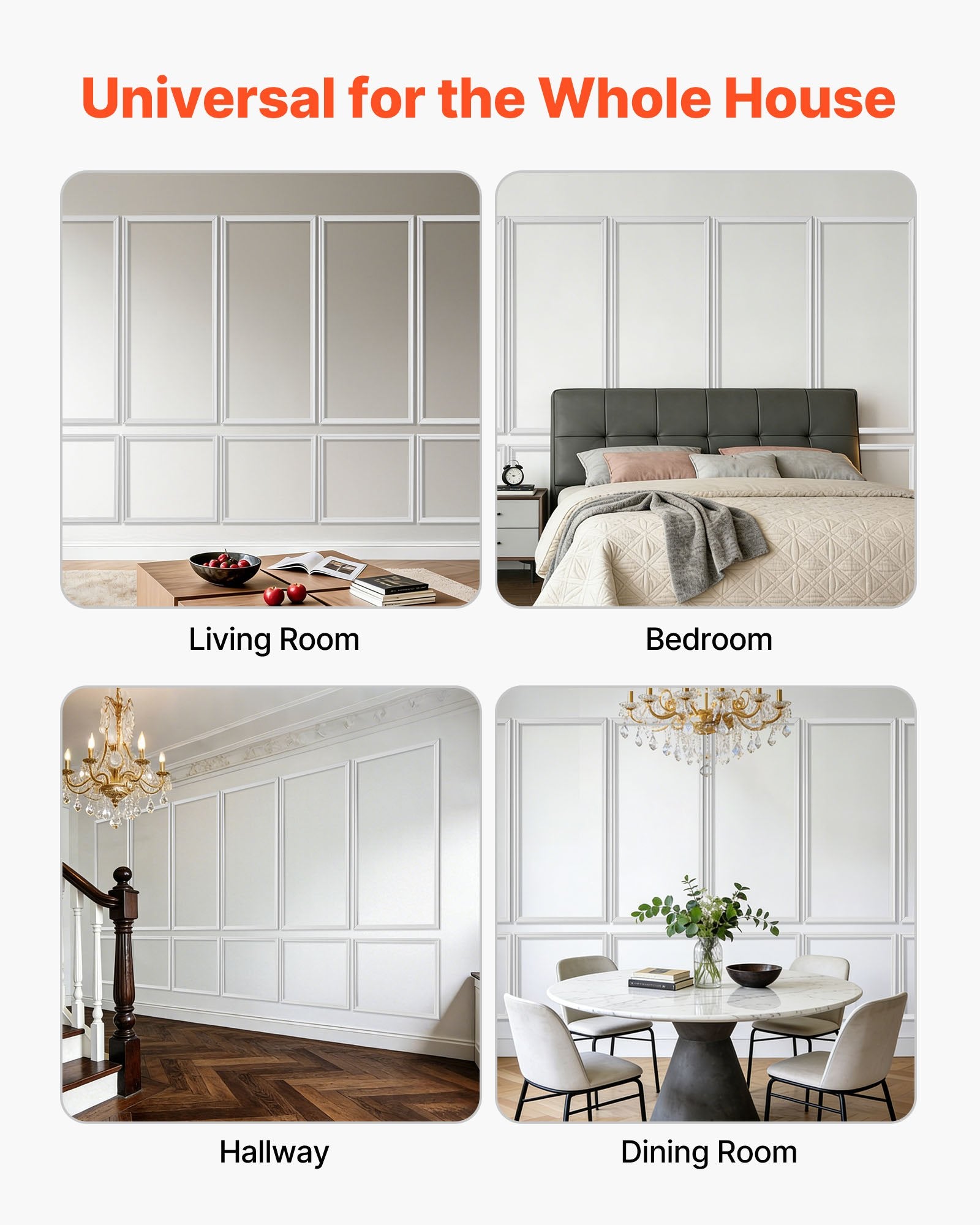 Elegant Wall Molding Panels Kit - 6 Pack, Polystyrene Wainscoting, Easy Install, Waterproof, Paintable Trim for Living Room, Bedroom Décor (24x54 + 24x24 in), White