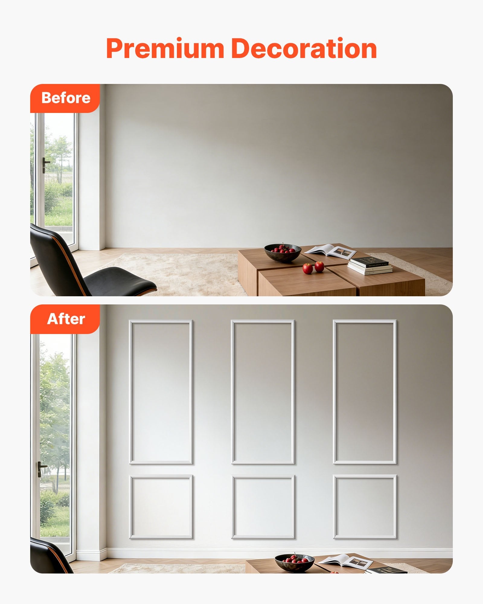 Classic White Wall Molding Panels Kit, Easy-Install Paintable Polystyrene, Waterproof Wainscoting Trim for Living Room, Bedroom Decor (24x54 + 24x24 in)