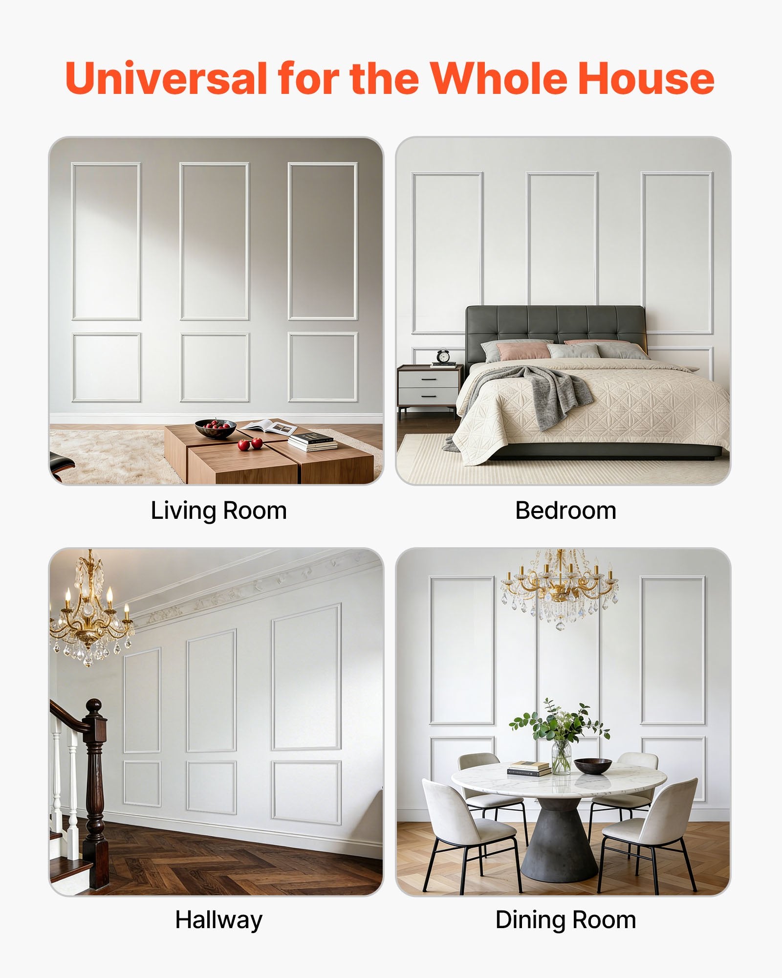 Classic White Wall Molding Panels Kit, Easy-Install Paintable Polystyrene, Waterproof Wainscoting Trim for Living Room, Bedroom Decor (24x54 + 24x24 in)