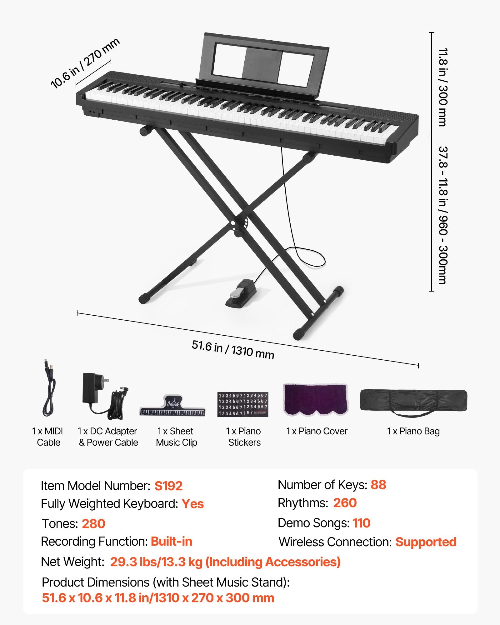 88-Key Fully Weighted Digital Piano with Dual Keyboard, Speakers, X Stand, Sustain Pedal, 280 Tones, Wireless, for Beginners