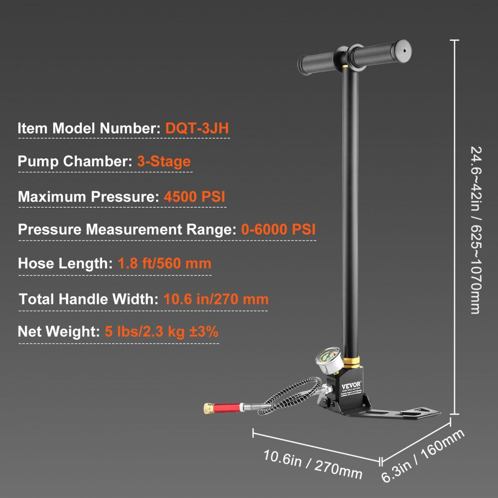 VEVOR High Pressure Hand Pump 3 Stage Airgun PCP Pump 4500PSI Stirrup Pump Air Rifle Filling Stirrup Pump(30MPA)