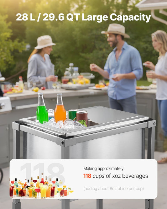 Stainless Steel Rolling Ice Chest Cooler Cart with Wheels and Shelf - 29.6 Quart Outdoor Trolley for Patio, Backyard, Party Bar, Cold Drinks, Sliding Lid, Swivel Casters, Easy-to-Clean, User-Friendly Design
