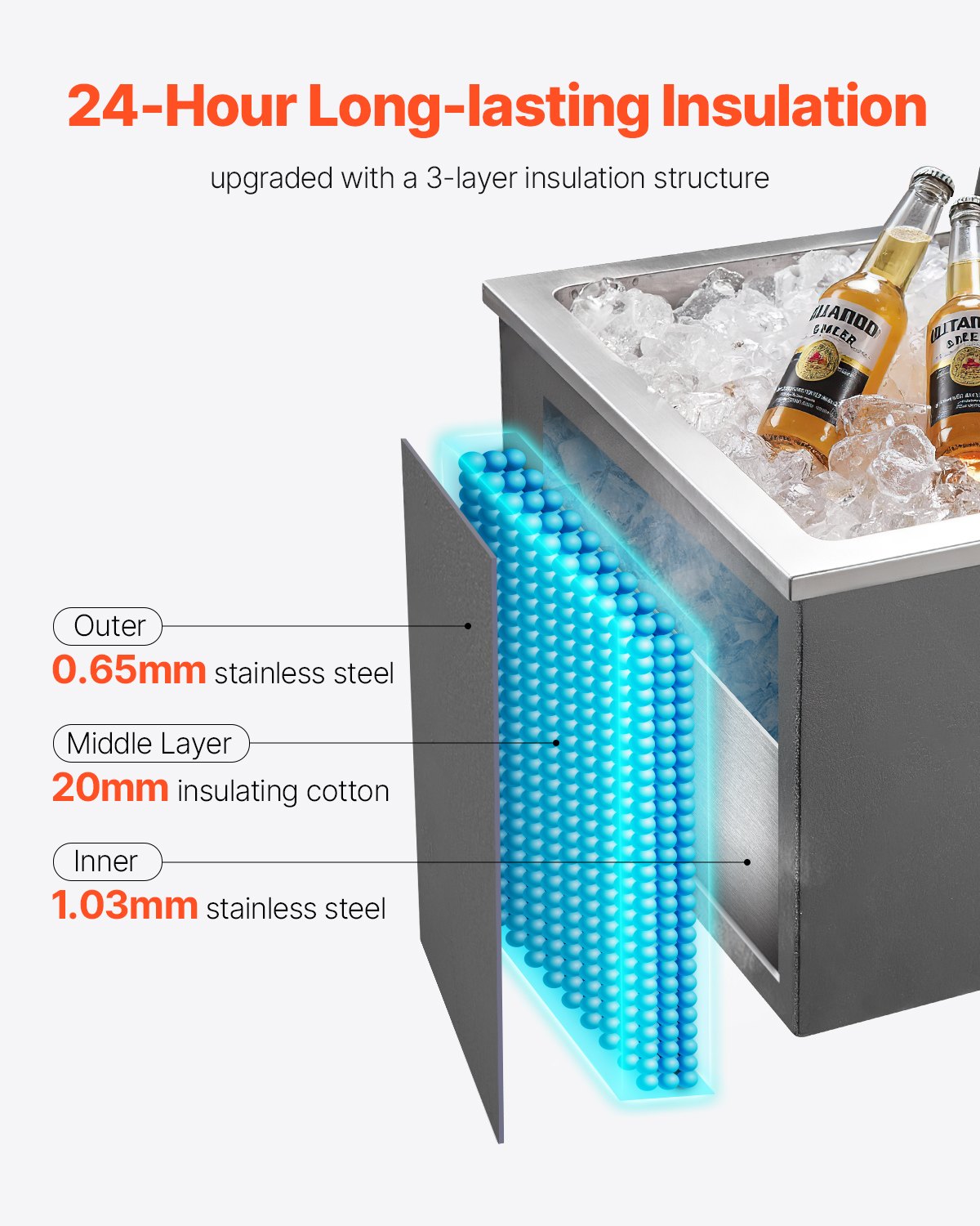 Stainless Steel Drop-In Ice Chest Cooler with Flip Lid, 113.7 Quart, Ideal for Outdoor Kitchens, Bars, and Patios, Includes Drain Pipe for Cold Wine and Beer Storage