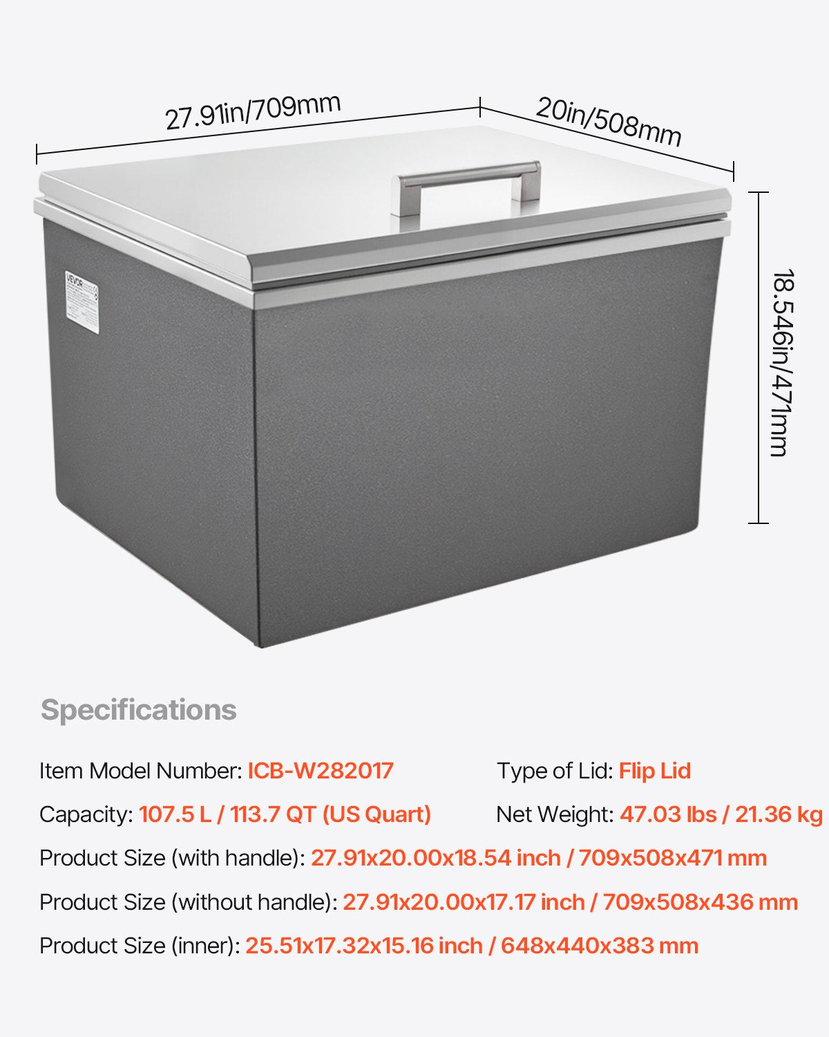 Stainless Steel Drop-In Ice Chest Cooler with Flip Lid, 113.7 Quart, Ideal for Outdoor Kitchens, Bars, and Patios, Includes Drain Pipe for Cold Wine and Beer Storage