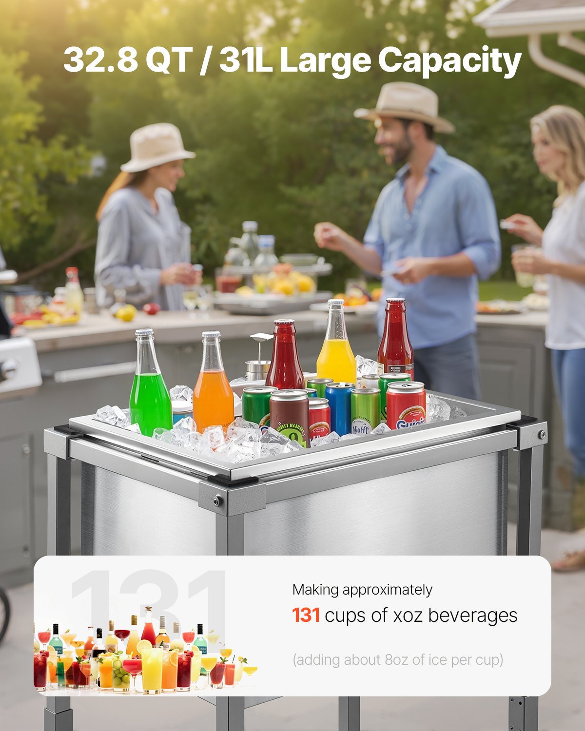 Stainless Steel Rolling Ice Chest Cooler Cart with Shelf, 32.8 Quart Capacity, Portable Outdoor Trolley for Patio, Bar, Party Cold Drink Storage