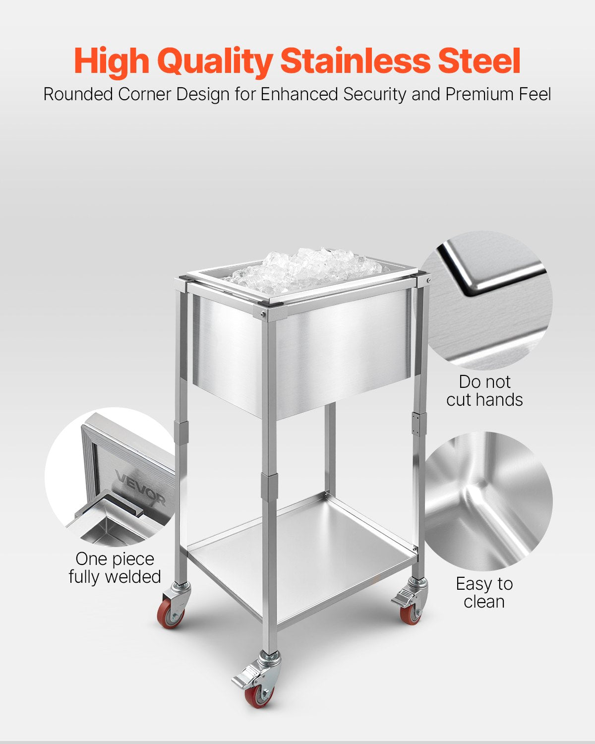 Stainless Steel Rolling Ice Chest Cooler Cart with Shelf, 32.8 Quart Capacity, Portable Outdoor Trolley for Patio, Bar, Party Cold Drink Storage