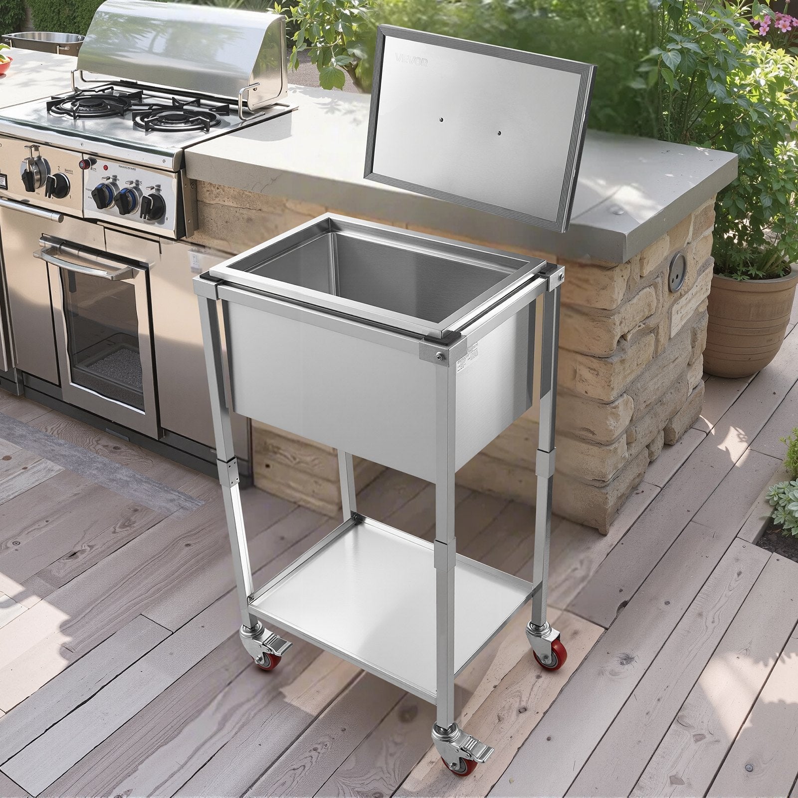 Stainless Steel Rolling Ice Chest Cooler Cart with Shelf, 32.8 Quart Capacity, Portable Outdoor Trolley for Patio, Bar, Party Cold Drink Storage