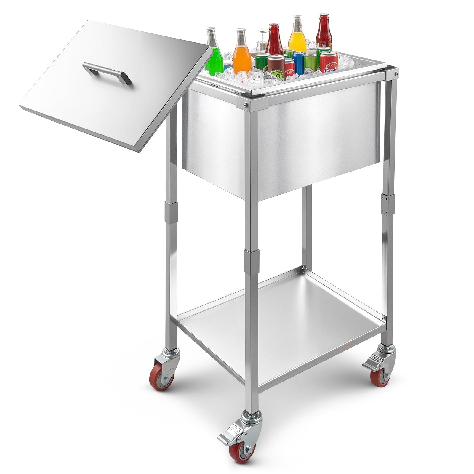Stainless Steel Rolling Ice Chest Cooler Cart with Shelf, 32.8 Quart Capacity, Portable Outdoor Trolley for Patio, Bar, Party Cold Drink Storage